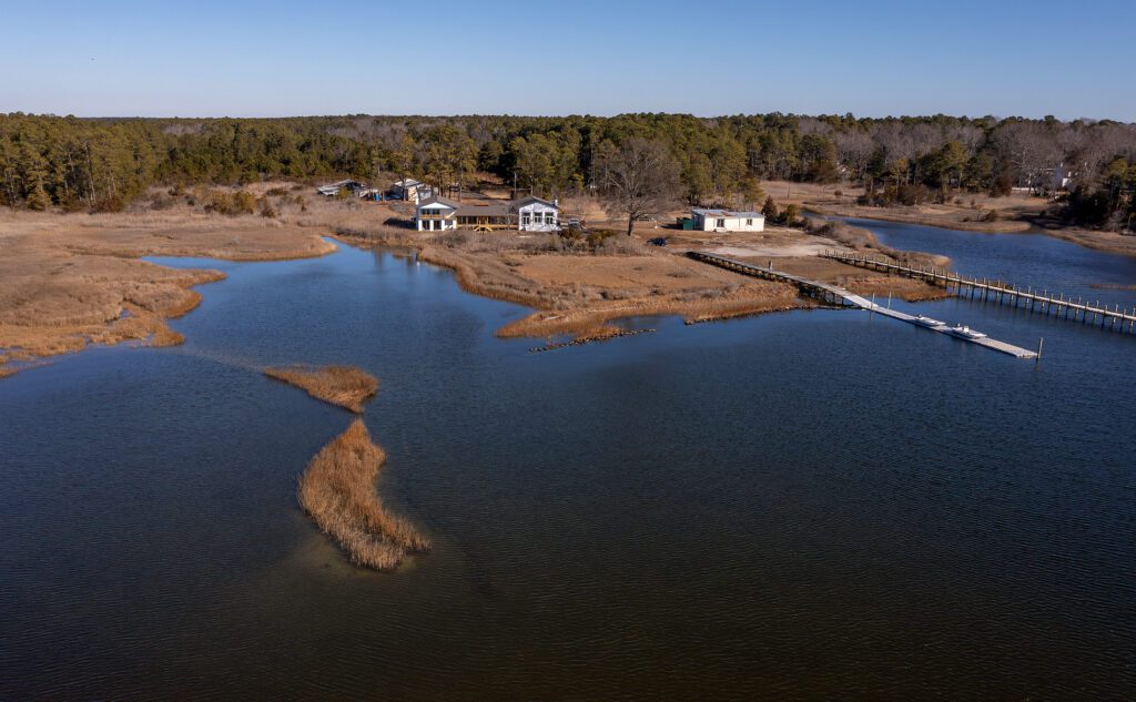 A scenic aerial view of the Captain Sinclair’s Recreational Area showing the expanded public access zone.